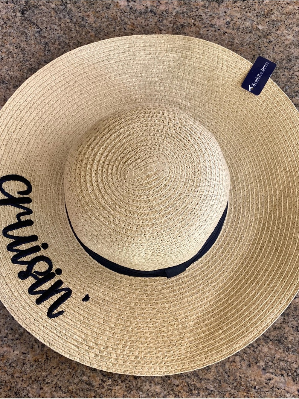 Kendall & Kylie Natural Straw Sun Hat with Black Trim and Script